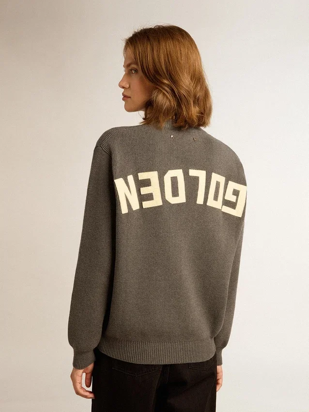Maglione da donna a girocollo in cotone grigio scuro con logo sul retro