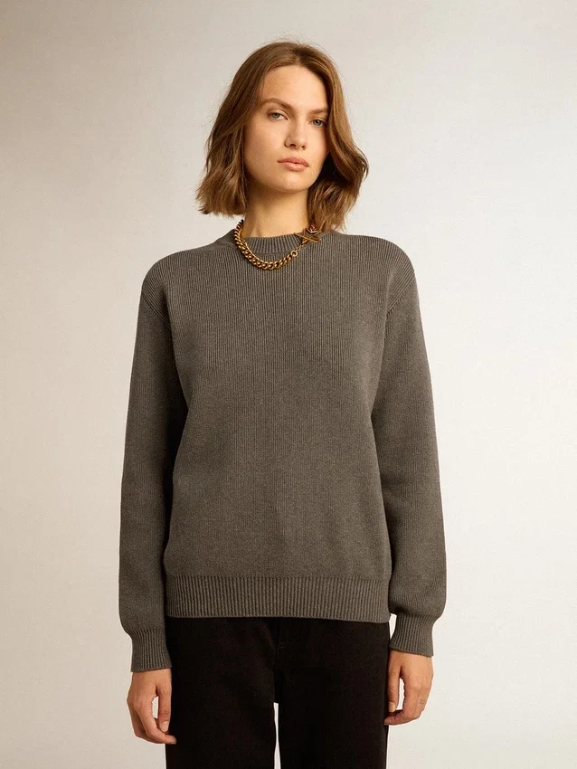 Maglione da donna a girocollo in cotone grigio scuro con logo sul retro