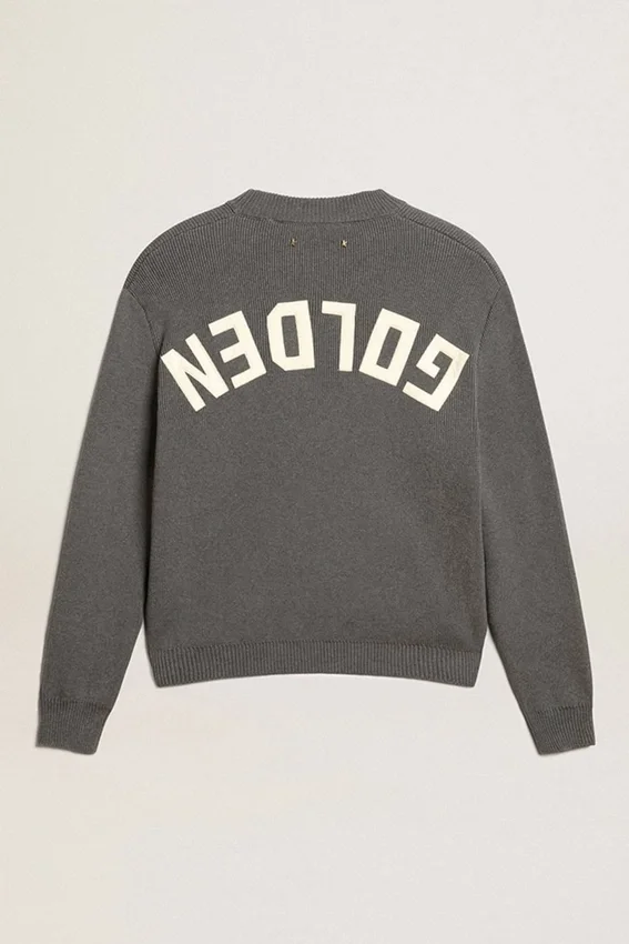 Maglione da donna a girocollo in cotone grigio scuro con logo sul retro