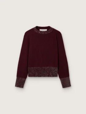 Maglione da donna a girocollo in lana bordeaux con ricami in strass