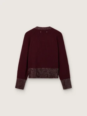 Maglione da donna a girocollo in lana bordeaux con ricami in strass