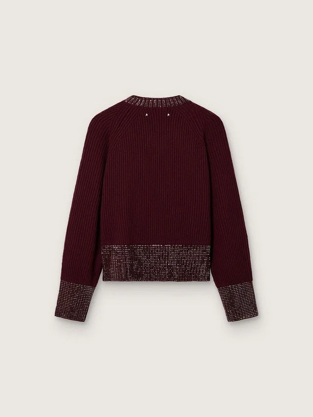 Maglione da donna a girocollo in lana bordeaux con ricami in strass