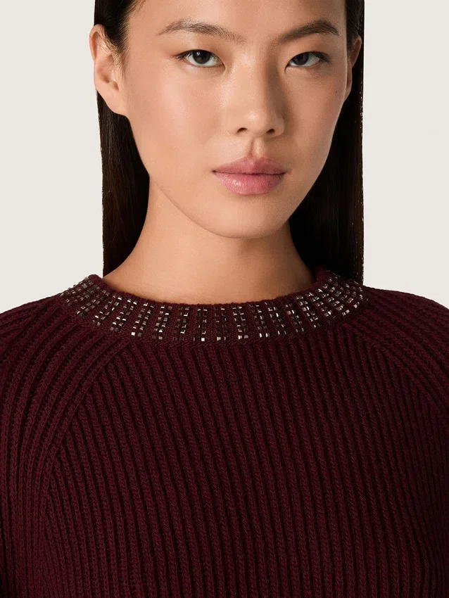 Maglione da donna a girocollo in lana bordeaux con ricami in strass