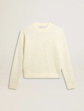 Maglione da donna a girocollo in lana merino bianca con cristalli su tutta la superficie