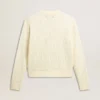 Maglione da donna a girocollo in lana merino bianca con cristalli su tutta la superficie