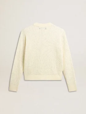 Maglione da donna a girocollo in lana merino bianca con cristalli su tutta la superficie