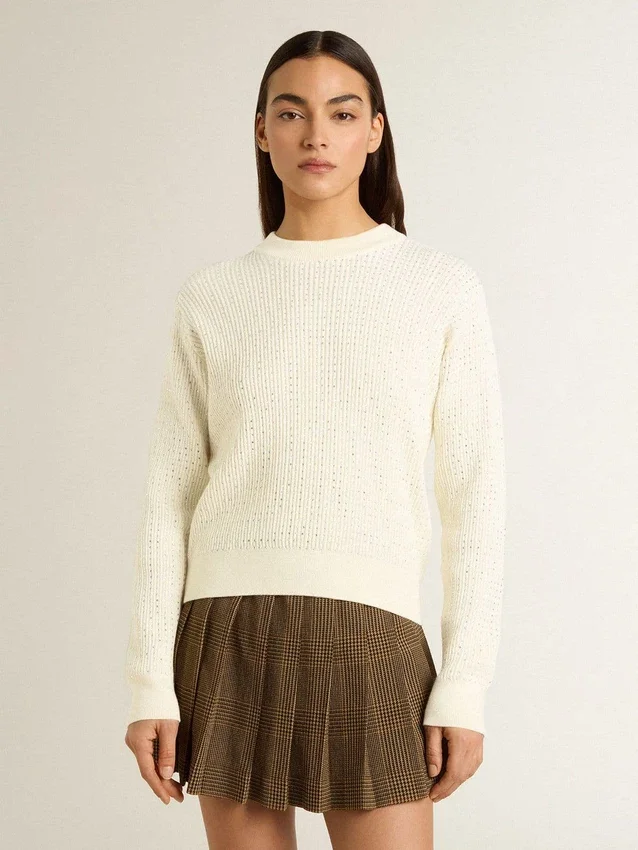 Maglione da donna a girocollo in lana merino bianca con cristalli su tutta la superficie