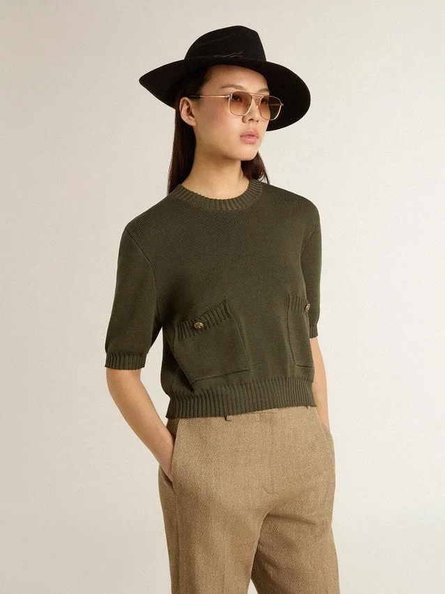 Maglione da donna a maniche corte in cotone verde militare