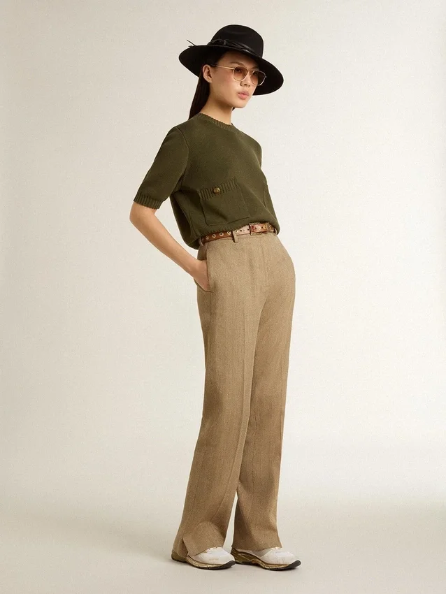 Maglione da donna a maniche corte in cotone verde militare