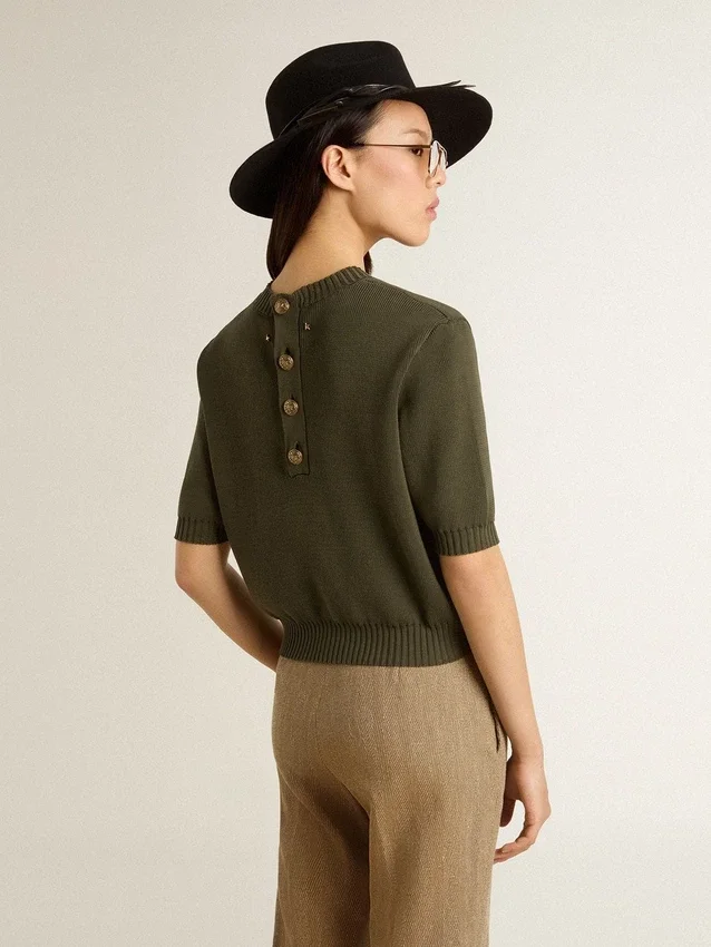 Maglione da donna a maniche corte in cotone verde militare