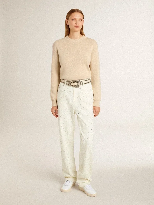Maglione da donna beige con scritta “Golden” sul retro