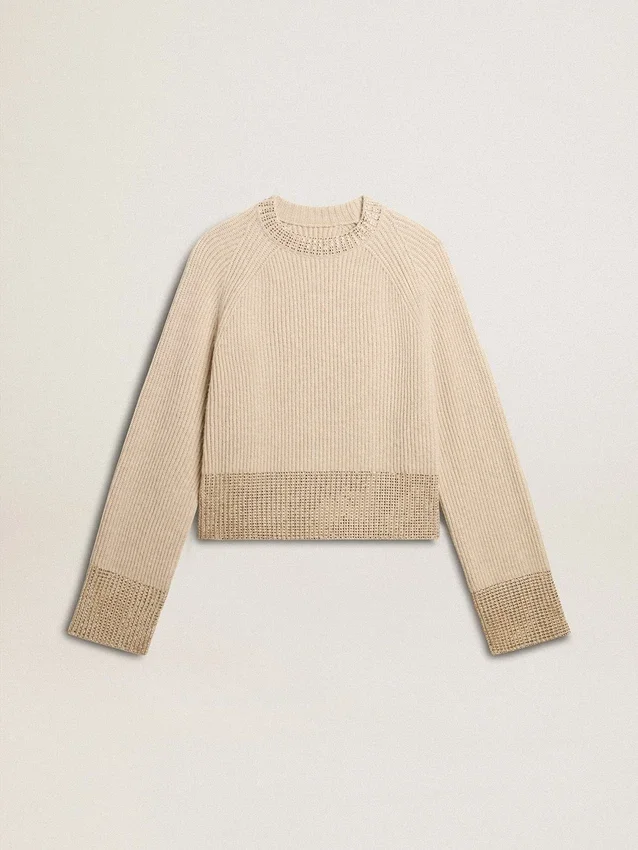 Maglione da donna dal taglio squadrato in lana con decorazioni in cristalli hotfix