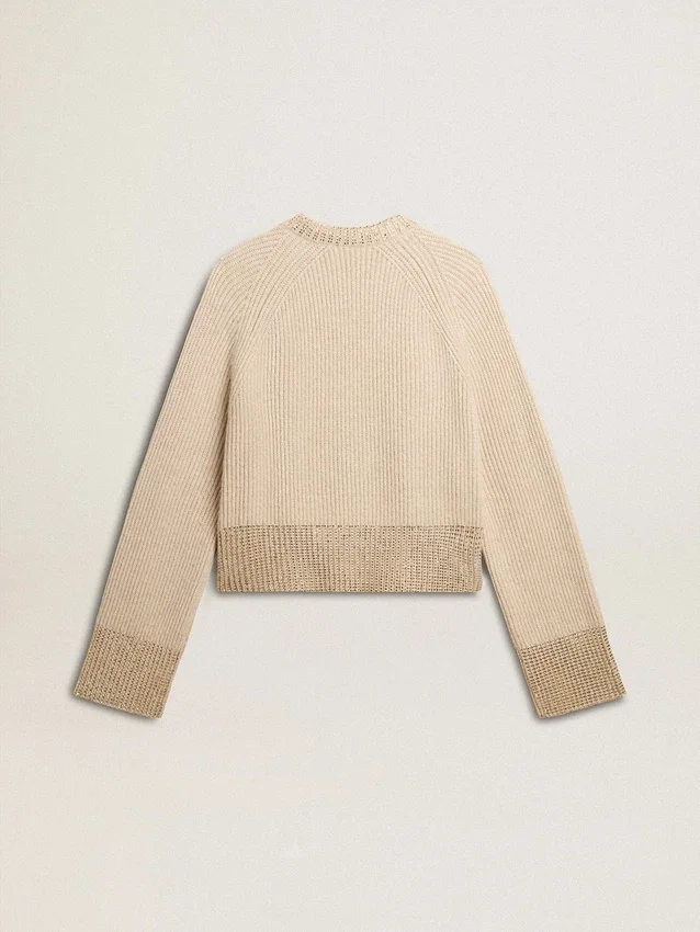 Maglione da donna dal taglio squadrato in lana con decorazioni in cristalli hotfix