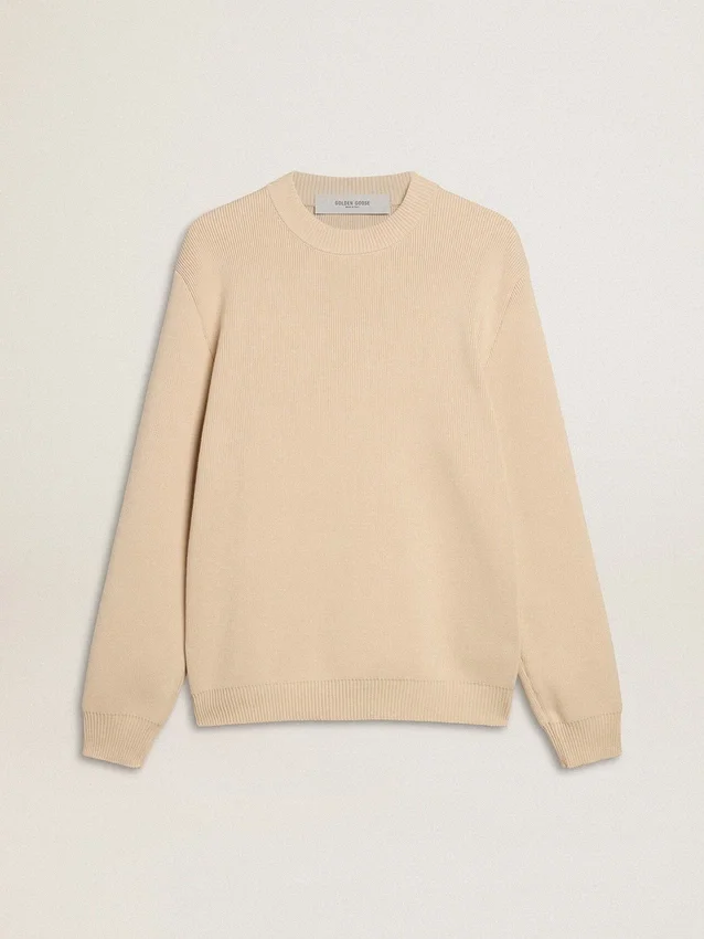 Maglione da uomo a girocollo beige con scritta “Golden” sul retro
