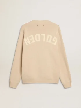 Maglione da uomo a girocollo beige con scritta “Golden” sul retro