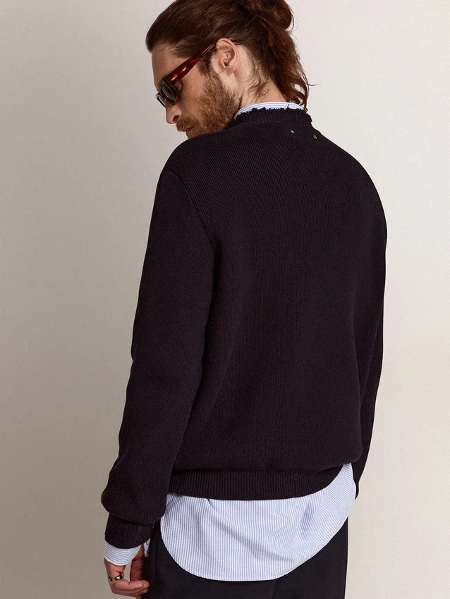 Maglione da uomo a girocollo in cotone blu scuro