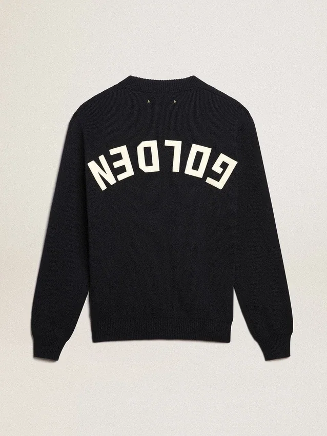 Maglione da uomo a girocollo in cotone blu scuro con logo
