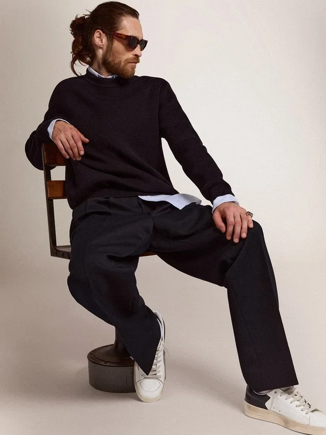 Maglione da uomo a girocollo in cotone blu scuro con logo