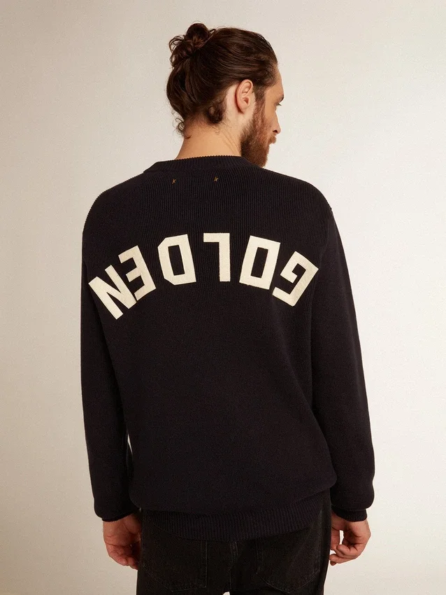 Maglione da uomo a girocollo in cotone blu scuro con logo