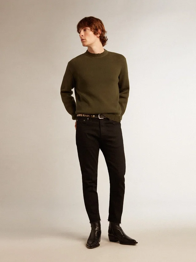 Maglione da uomo a girocollo in cotone verde militare