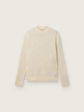 Maglione da uomo a girocollo in lana merino bianca con cristalli su tutta la superficie