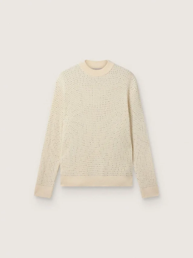Maglione da uomo a girocollo in lana merino bianca con cristalli su tutta la superficie