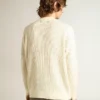 Maglione da uomo a girocollo in lana merino bianca con cristalli su tutta la superficie