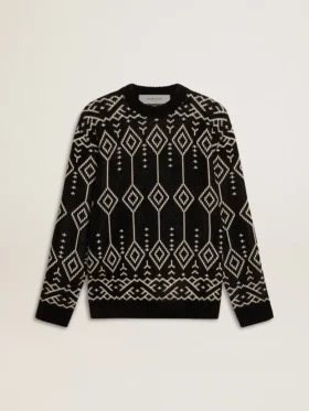 Maglione da uomo a girocollo in misto lana con motivo jacquard a rombi