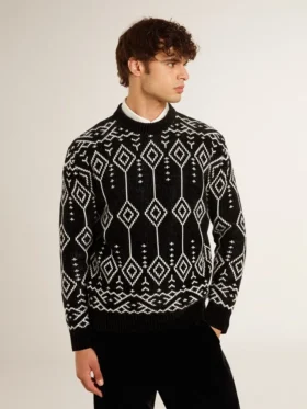 Maglione da uomo a girocollo in misto lana con motivo jacquard a rombi