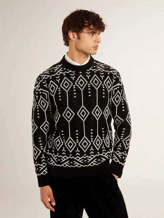Maglione da uomo a girocollo in misto lana con motivo jacquard a rombi