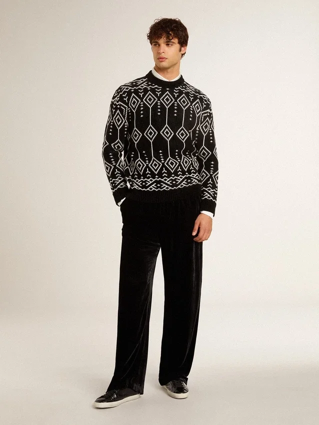 Maglione da uomo a girocollo in misto lana con motivo jacquard a rombi