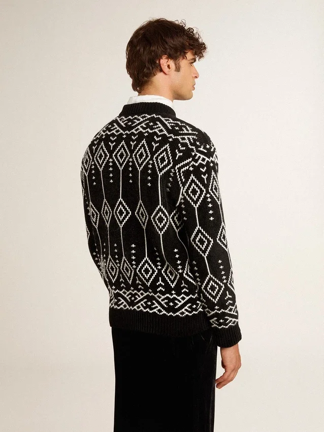 Maglione da uomo a girocollo in misto lana con motivo jacquard a rombi