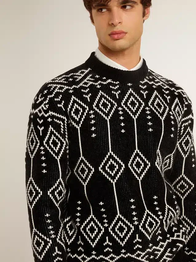 Maglione da uomo a girocollo in misto lana con motivo jacquard a rombi