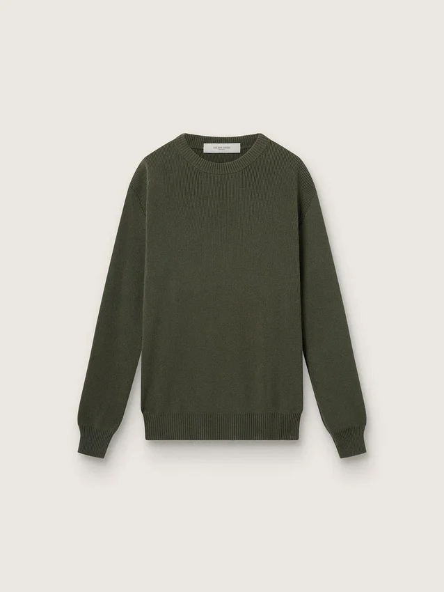 Maglione da uomo a girocollo verde militare con scritta "Golden" sul retro