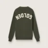 Maglione da uomo a girocollo verde militare con scritta "Golden" sul retro