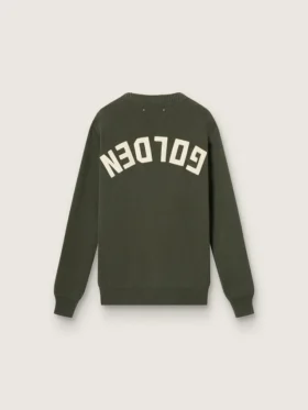 Maglione da uomo a girocollo verde militare con scritta “Golden” sul retro