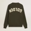 Maglione da uomo a girocollo verde militare con scritta "Golden" sul retro