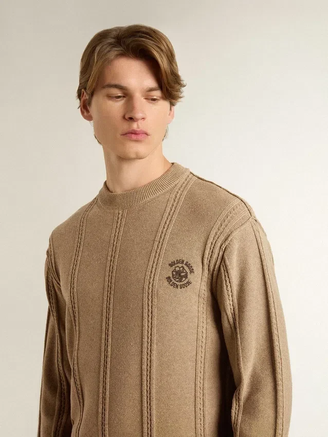 Maglione da uomo beige con logo ricamato