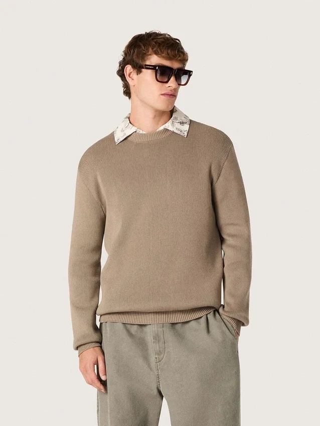 Maglione da uomo in cotone biologico color tortora chiaro con logo ricamato