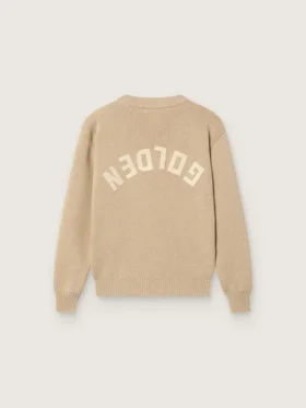 Maglione unisex a coste color beige dorato per bambini con logo sul retro
