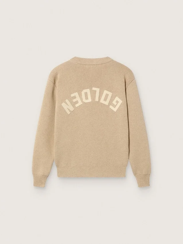 Maglione unisex a coste color beige dorato per bambini con logo sul retro