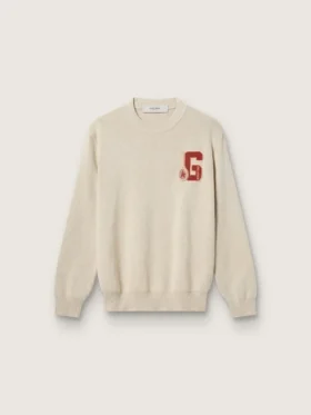Maglione unisex a girocollo in cotone beige con toppa sul davanti e logo sul retro
