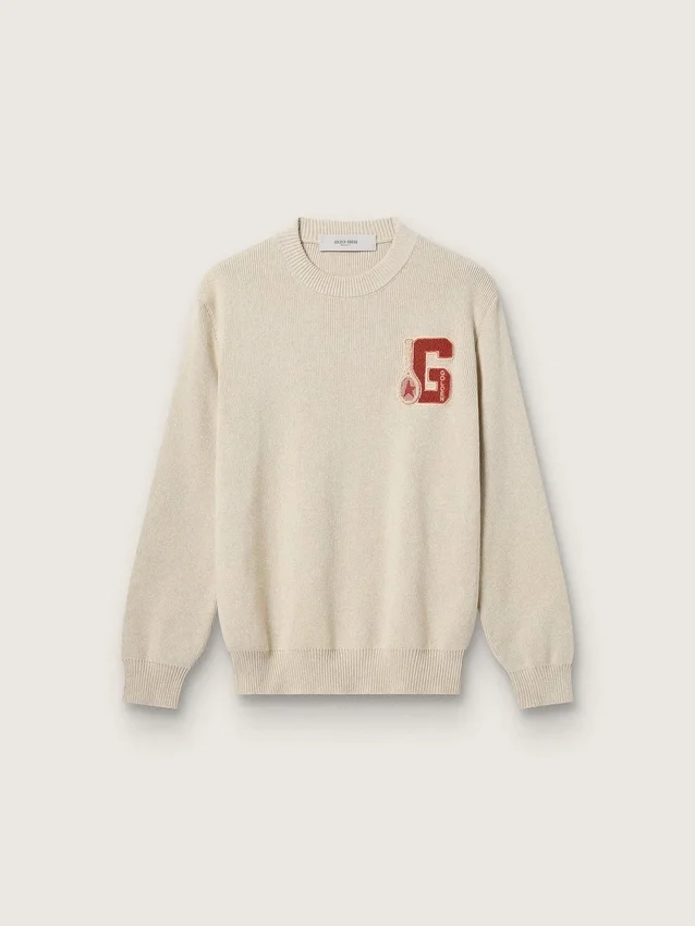 Maglione unisex a girocollo in cotone beige con toppa sul davanti e logo sul retro