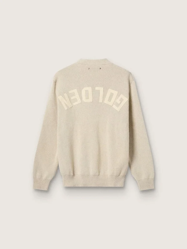 Maglione unisex a girocollo in cotone beige con toppa sul davanti e logo sul retro