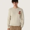 Maglione unisex a girocollo in cotone beige con toppa sul davanti e logo sul retro