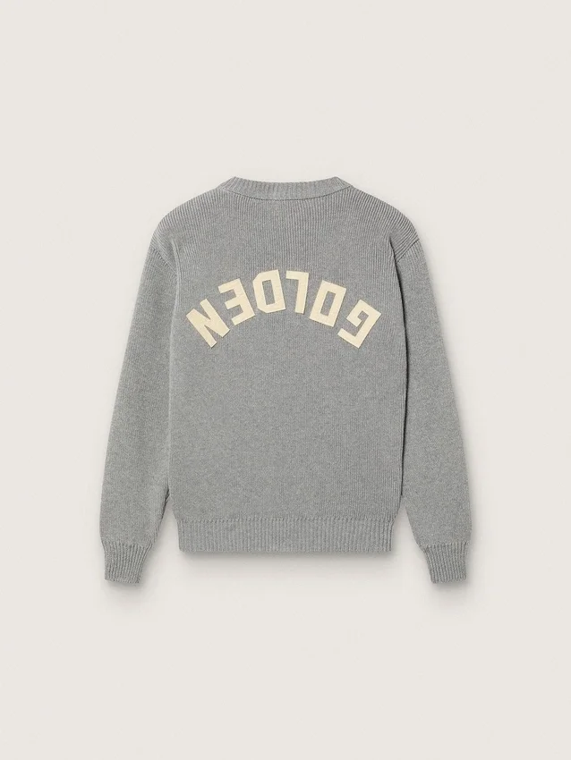 Maglione unisex Golden per bambini in maglia a coste grigio melange con logo sul retro