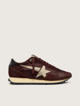 Marathon da donna con tomaia in raso marrone e stella in pelle color platino