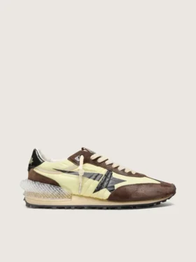 Marathon da donna in nylon verde lime con stella nera e inserti in pelle scamosciata marrone