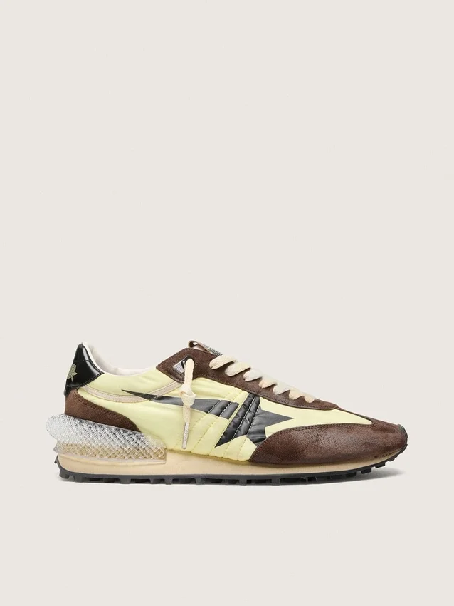 Marathon da donna in nylon verde lime con stella nera e inserti in pelle scamosciata marrone