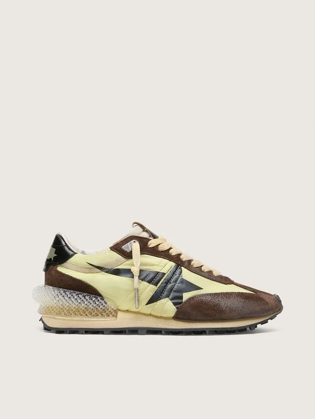 Marathon da donna in nylon verde lime con stella nera e inserti in pelle scamosciata marrone